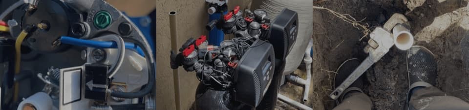 Close-up of wiring on a control head, a black tank with a valve assembly, and a pipe wrench on white PVC pipe in dirt