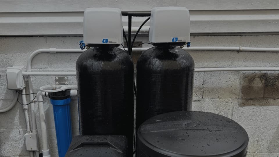 Twin black tanks with matching white valve heads on a black bracket against a stucco wall, with a blue filter housing and an electrical box nearby