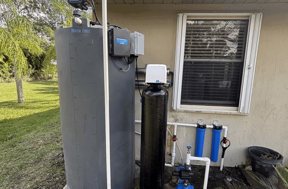 Grey water storage tank beside a black tank with a control valve, blue filter housings and a blue pump, near a window